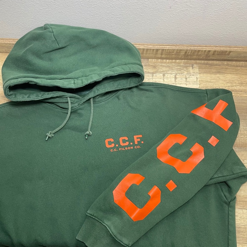 CC Filson C.C.F. Graphic Pullover Hoodie Men's Large Green Orange Logo 20140928